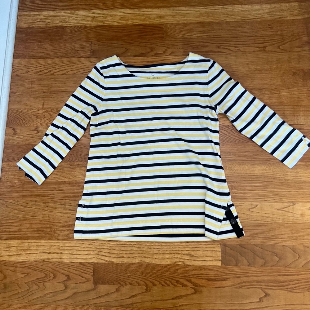 Talbots Petites Cotton Striped Top | Yellow Black White | 3/4 sleeves
